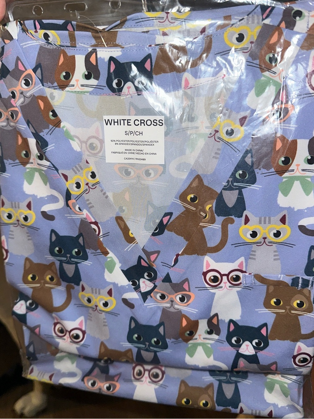 White Cross Cat Print Scrub Top Women's Small Brand New in Package
